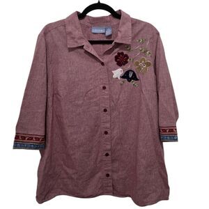Liz & Me Cotton Button Front Half Sleeve Embroidered Floral Blouse 1X